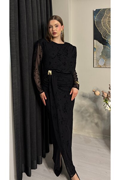 Imported Tulle Chiffon Fabric Flock Printing Accessory Detailed Lined Slit Special Design Maxi Dress