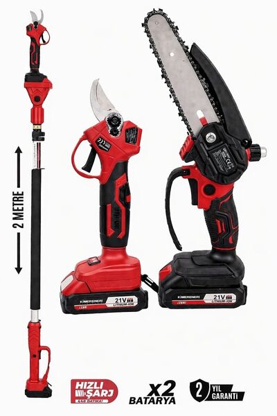 KİMMEER PLUS 3'lü Set 21V Çift Akülü Teleskopik Kollu Bağ Makası ve Budama Te...