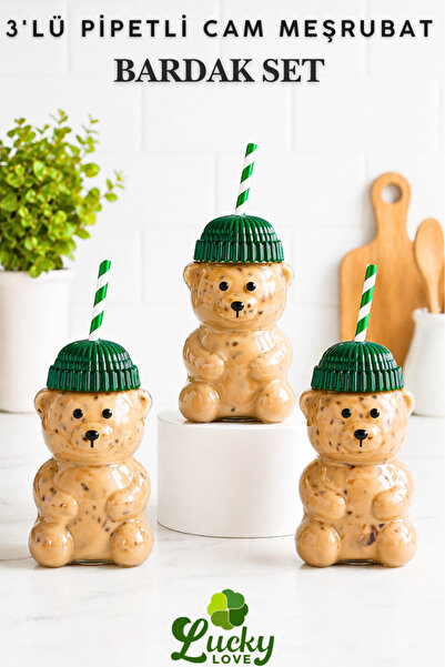 3 Glass Luxury Barista Cold Drink Cups with Teddy Bear 550 ml