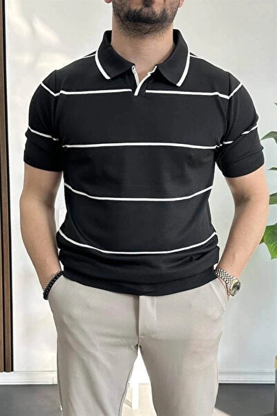 Edwox Tricou cu dungi laterale pentru guler deschis pentru bărbați, negru Edw259