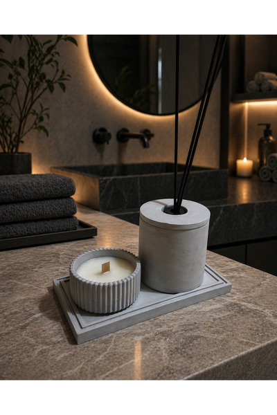 Lethe Design Beton Dekoratif Banyo Seti Difüzör Kabı, Soya Mum, Tepsi (KOKU V...