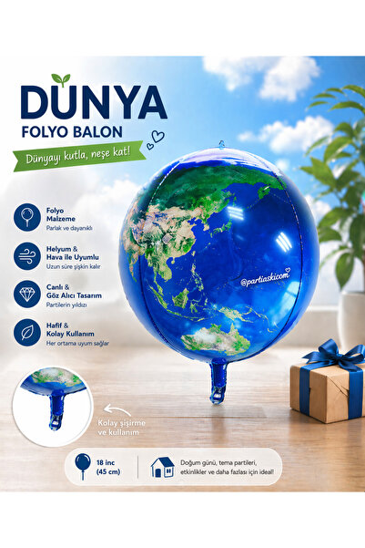 PARTİ AŞKI Mavi Renk Dünya Haritası Küre Folyo Balon 24 Inc & Uzay Konsept Pa...