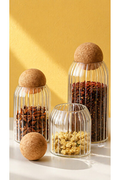 Maloria Wide Striped Crystal Luxury Glass Jar with Cork Lid |   Set of 3 - (5...