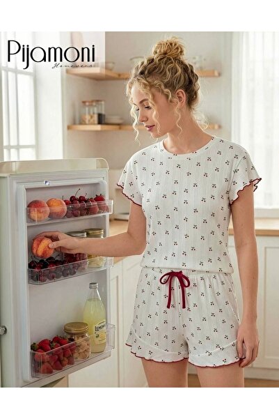 Pijamoni Kadın Minimal Çiçek Detaylı Pijama Takımı