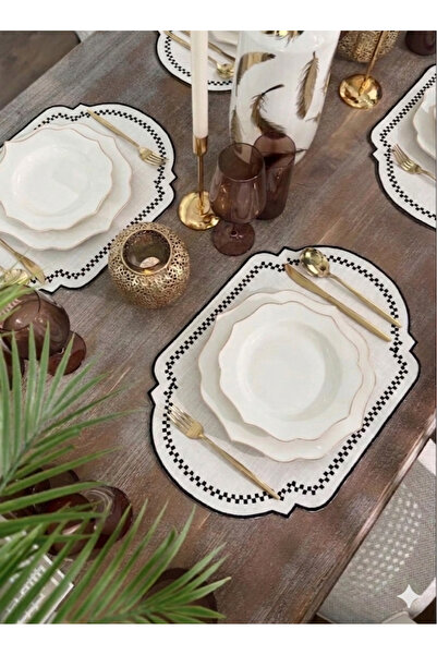 NURHAN HOME COLLECTION 6 τεμάχια μαύρο καρό κεντημένο εκρού λινό σερβίτσιο αμ...
