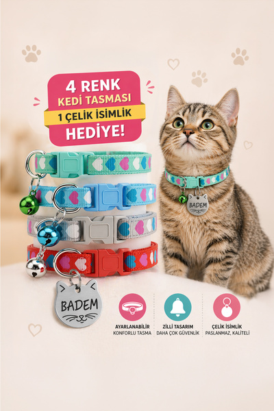 dekoliva 4 RENK KEDİ TASMASI SETİ ÇELİK İSİMLİK HEDİYELİ KALP DESEN