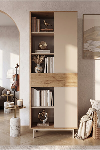 Yurudesign Sedra Kitaplık Raf Ahşap Ayaklı 189cm 2 Kapaklı Çekmeceli Kumsal-S...