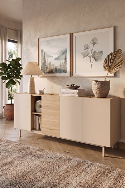 Yurudesign Sedra Konsol 4 Kapaklı Raflı Ahşap Ayaklı 180cm Kumsal-Sepet SD5-CS