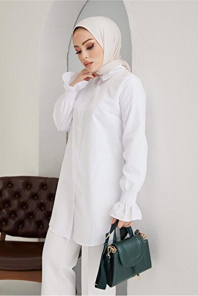 TRENDTESETTÜR KADIN BEYAZ MANŞETLERİ LASTİKLİ BASIC TUNİK 3207