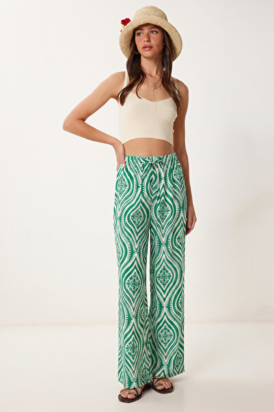 Lovelyİstanbul Pantalone palazzo od viskoze sa uzorkom LRN0036 ZELENA BELOGA