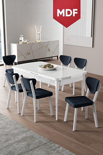Canisa Exve Serisi MDF 80x132 Açılabilir Beyaz Masa Takımı ve 6 Antrasit Sand...