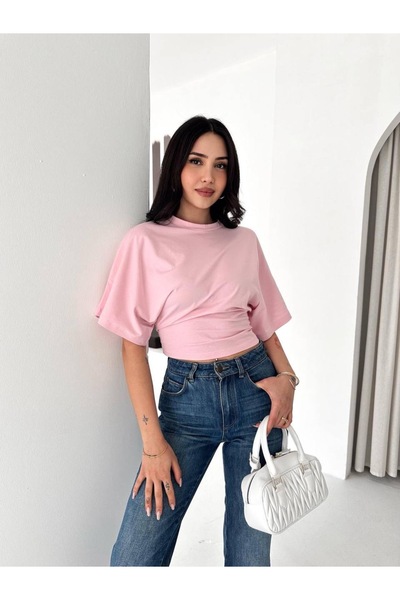 PIOVE Tricou crop pentru femei – Basic cu talie drapată