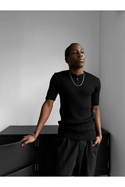 elkumoda Ανδρικό μπλουζάκι με κουμπιά και λαιμόκοψη ποδηλάτου - Πλεκτό μπλουζ...