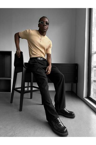 elkumoda Ανδρικό μπλουζάκι με κουμπιά και λαιμόκοψη ποδηλάτου - Πλεκτό μπλουζ...