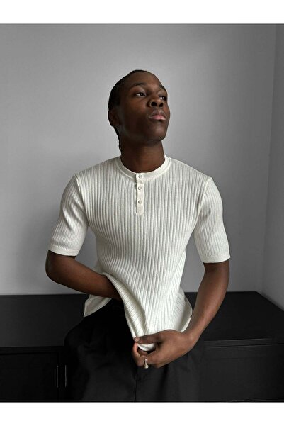 elkumoda Ανδρικό μπλουζάκι με κουμπιά και λαιμόκοψη ποδηλάτου - Πλεκτό μπλουζ...