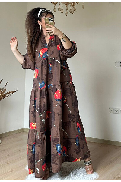 AZRA BUTİK Καφέ Φόρεμα με Σχέδιο Ρόδια και Άνθη