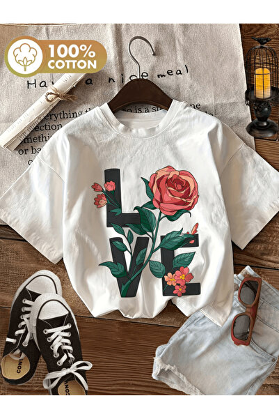 gencerco Μπλουζάκι Premium Oversize με στάμπα λεπτομέρειας τριαντάφυλλου και ...