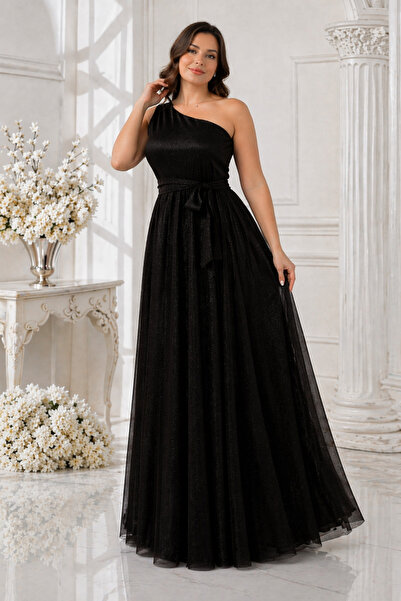 IŞILTI Γυναικείο μάξι βραδινό φόρεμα με έναν ώμο, λεπτομέρεια από ασημί λουρά...