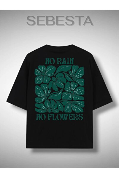 Sebesta Fashion تي شيرت فاخر كبير الحجم مطبوع عليه No Rain No Flowers
