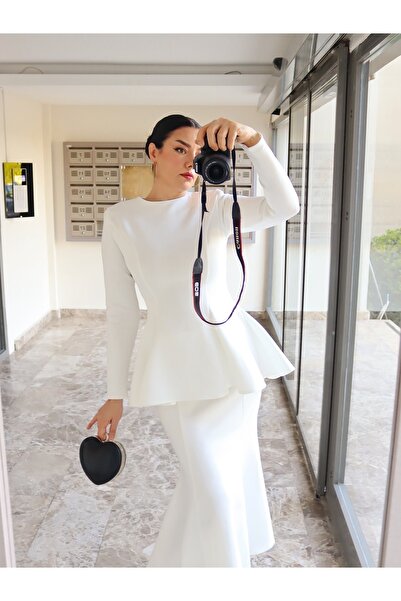 ETHA Puff Scuba Peplum Bluz Kırık Beyaz