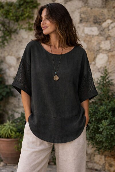 MENSAR OTANTİK Linen Blouse with Side Netting