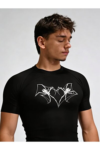Yokedwear kalp örümcek Compression Dar / Slim Kalp Yaka Tişört siyah Unisex Genç