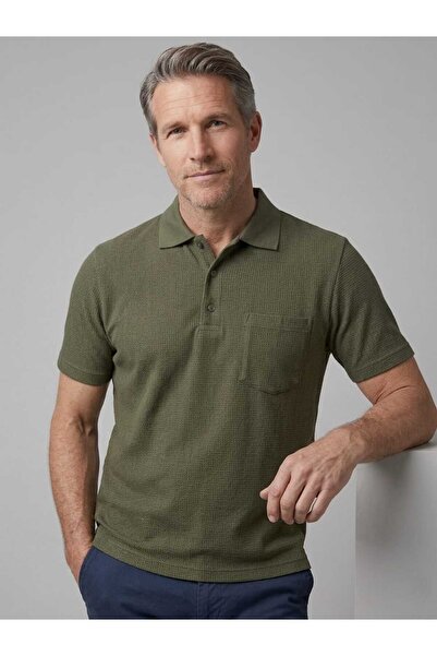 6zar Men's Khaki Green Polo Collar Short Sleeve Knitted T-Shirt with Pockets