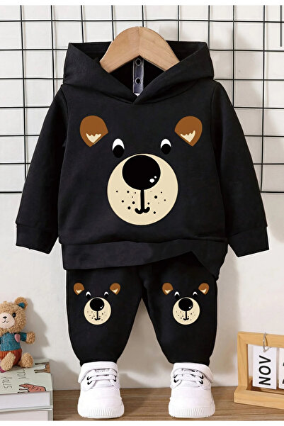 Topçu Sevimli büyük ayı yüzü baskılı siyah kapüşonlu sweatshirt ve pantolon 2...