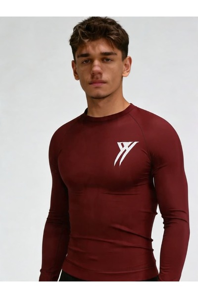 Yokedwear Uzun Kollu Comporession Dar / Slim Dik Yaka Tişört bordo Unisex Genç