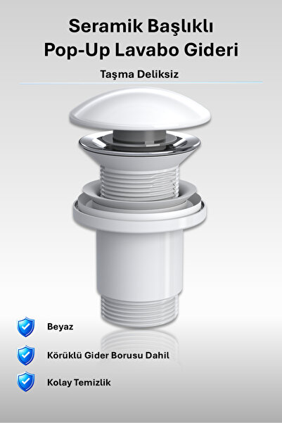 İZ YAPI Elixir Seramik Pop-Up Lavabo Gideri | Taşma Deliksiz Parlak Beyaz | S...