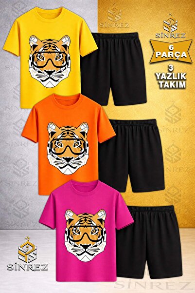 SİNREZ Children's T-Shirt with Tiger Glasses and Head Printed Crew Neck 3-Pie...
