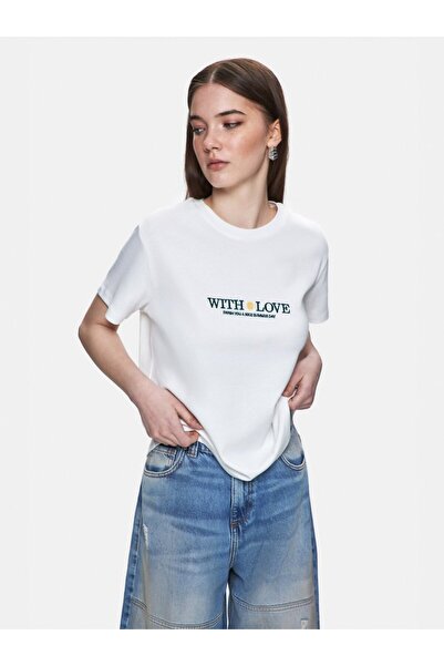 Ltb Λευκό μπλουζάκι με κεντημένο σλόγκαν στο στήθος