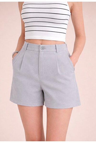 polle Women's Gray Pleated Shorts with Elastic Back