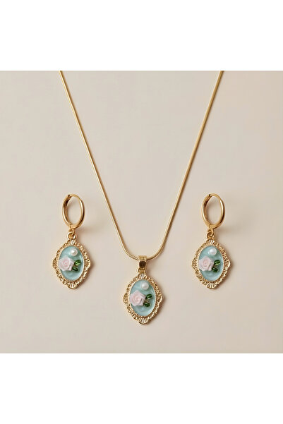 Mojo Concept Paslanmaz Çelik Vintage Rose Cameo Kolye Küpe Takı Seti - Rose G...