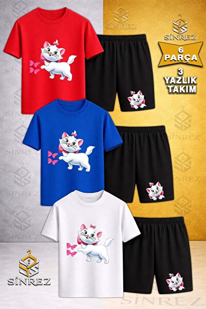 SİNREZ Children's Cat Butterfly Printed Crew Neck 3-Piece T-Shirt - Shorts Set
