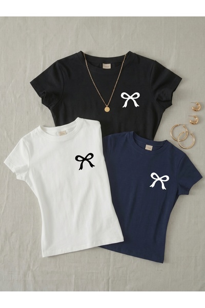 NİCE 3-Piece Women's Mini Ribbon Printed - Lycra Short Sleeve Body Tee Crop