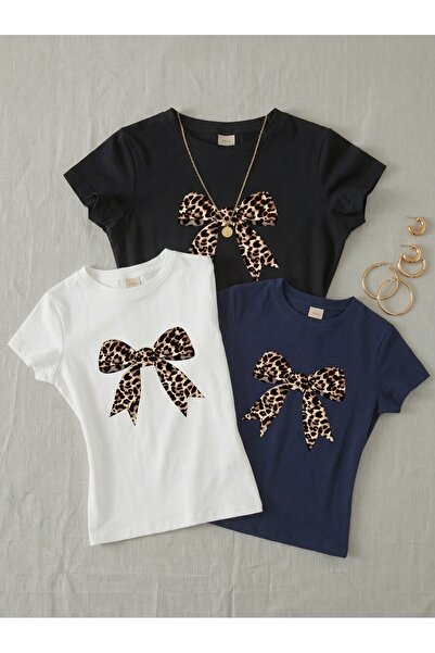 NİCE 3-Pack Women's Leopard Printed - Lycra Short Sleeve Body Tee Crop