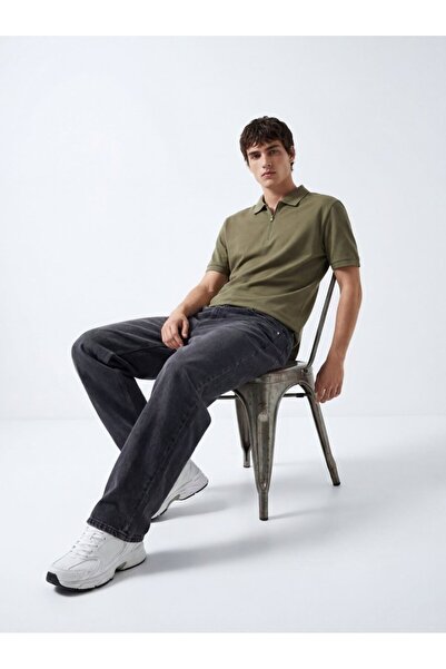 Ltb Tricou verde cu guler polo și fermoar