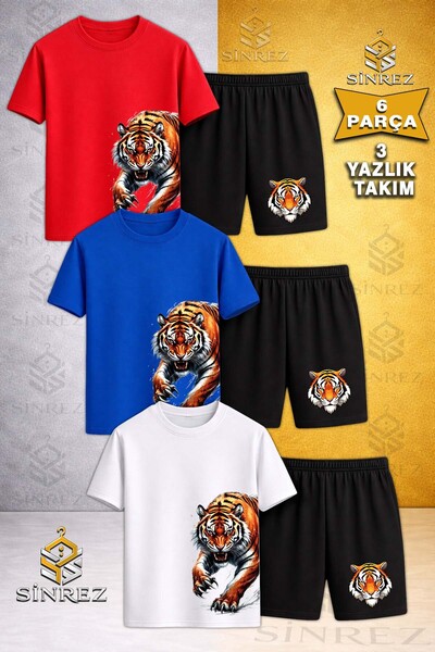 SİNREZ تي شيرت للأطفال مطبوع عليه TIGER SIDE PENCE برقبة دائرية مكون من 3 قطع...