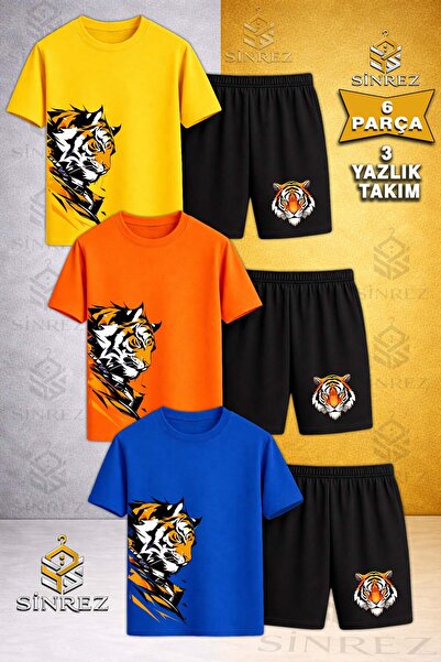SİNREZ Tricou pentru copii, 3 piese, cu imprimeu TIGER SAG LOOKING HEAD, cu g...