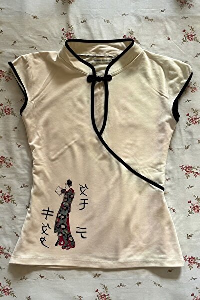 Köstebek Εκρού μπλούζα με γιακά μανταρίνι, μαύρη ριγέ, κοντομάνικη, τύπου Qipao