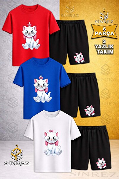 SİNREZ Children's Cat Sitting with Ribbon Printed Crew Neck 3-Piece T-Shirt -...