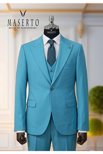 MASERTO Erkek Tek Düğme Turkuaz Slim Fit Yelekli Takım Elbise