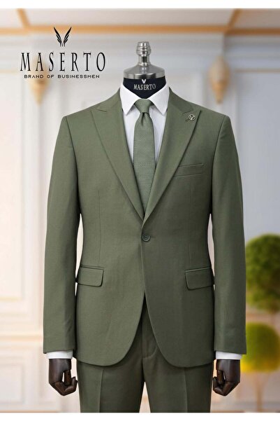 MASERTO Erkek Tek Düğme Haki Slim Fit Yelekli Takım Elbise