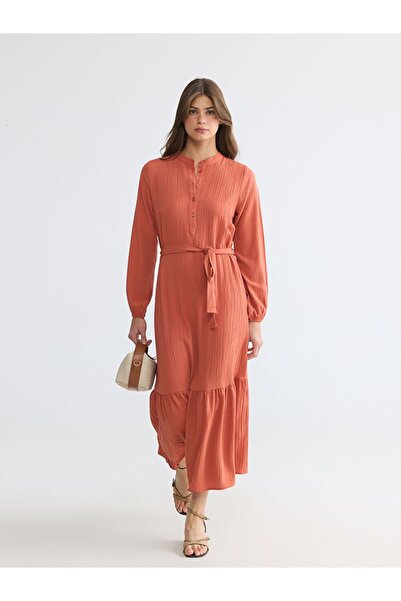 LC Waikiki Lcwaikiki Classic Orange Judge Collar Textured Dress