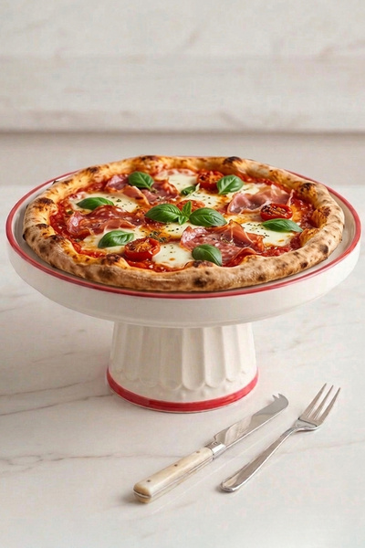 evcime El Yapımı Ayaklı Seramik Sunum Tabağı & Pasta Standı-Kırmızı Renkli Fil Desenli-20 cm-Kırmızı Beyaz