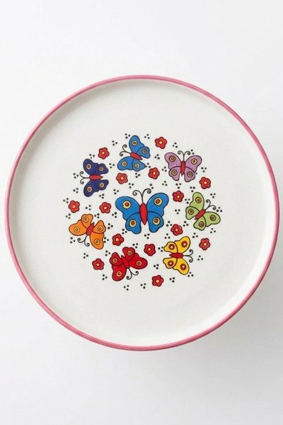 evcime El Yapımı Ayaklı Seramik Sunum Tabağı & Pasta Standı- Renkli Figürlü Desenli - 20 cm - Kırmızı Beyaz