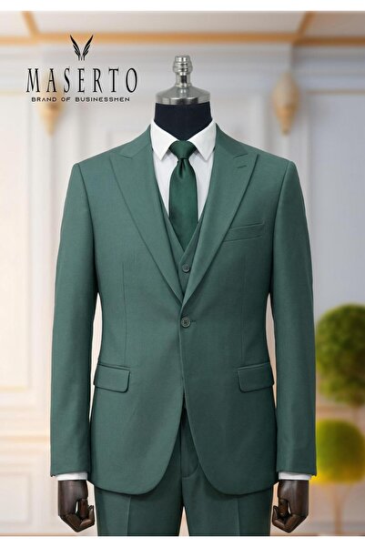 MASERTO Erkek Tek Düğme Koyu Petrol Yeşili Slim Fit Yelekli Takım Elbise