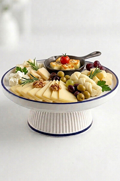 evcime El Yapımı Ayaklı Seramik Sunum Tabağı & Pasta Standı - Etnik Desenli - 20 cm - Mavi Beyaz