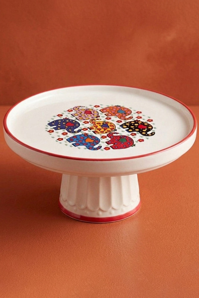 evcime El Yapımı Ayaklı Seramik Sunum Tabağı & Pasta Standı-Kırmızı Renkli Fil Desenli-20 cm-Kırmızı Beyaz